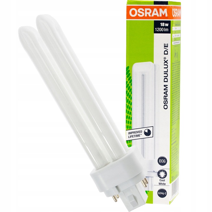 Икономична крушка Dulux D/E, Osram, Стъкло, G24Q-2, 18 W, 4000K, 4 пина, Автономия 20000 часа, Неутрална светлина, Бяла