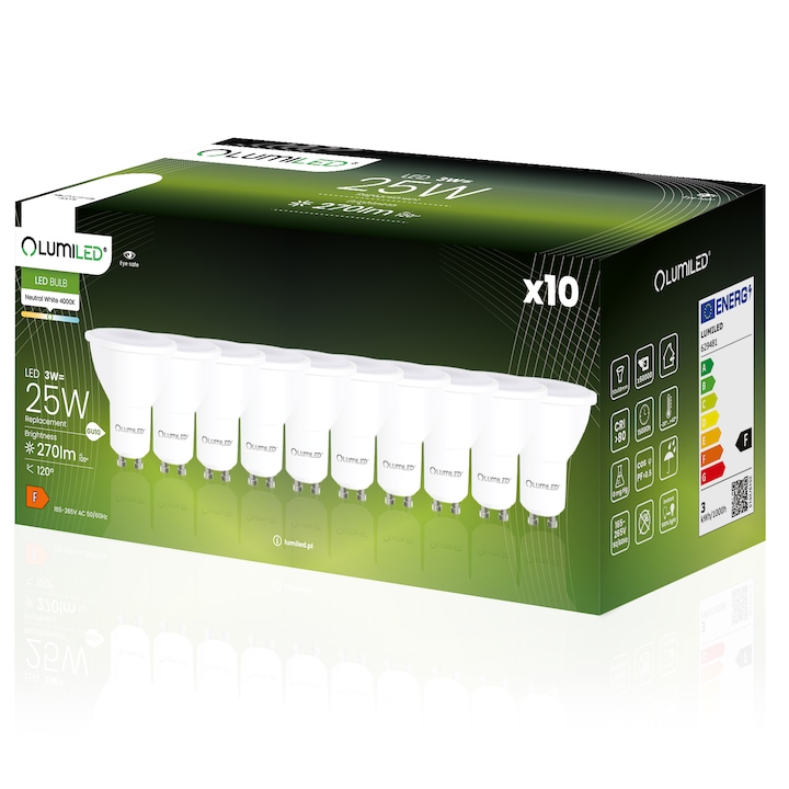 10 db Lumiled izzós készlet, GU10, PAR16, 3W = 30W, 270lm, 4000K, Semleges fehér