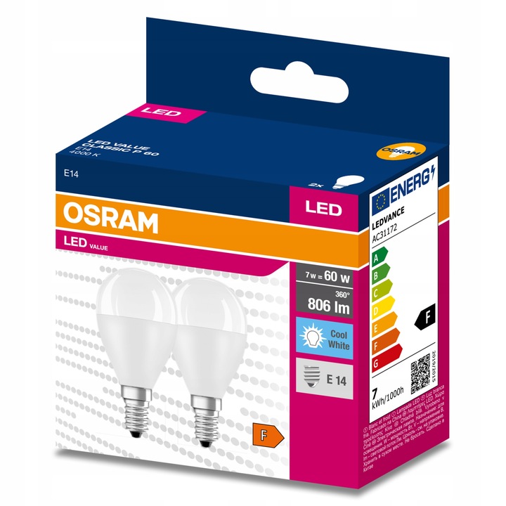 2 db LED izzó készlet, Osram, E14, 7W = 60W, 806lm, 4000K, Semleges fehér