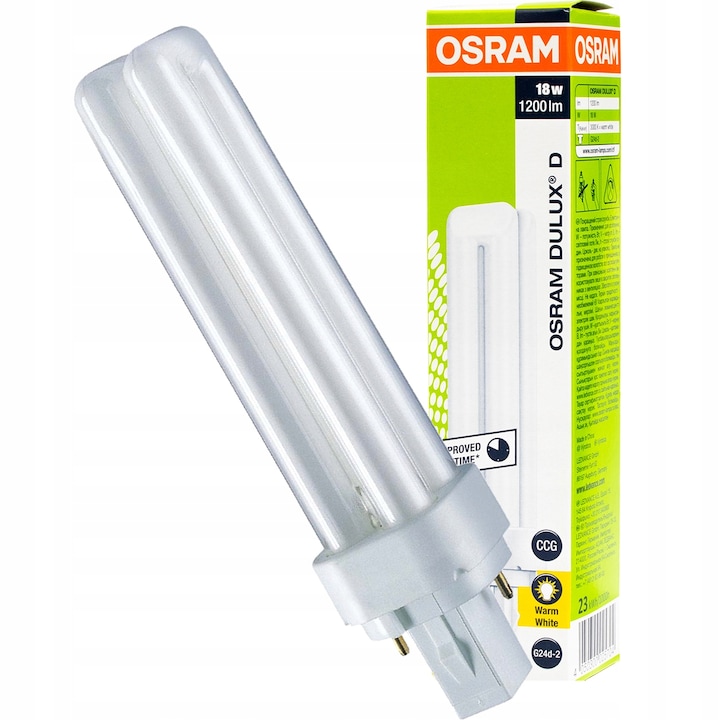 Икономична крушка Dulux D, Osram, G24D-2, 18 W, 3000K, 2 пина, 1200 lm, 153 мм, Топло бяло