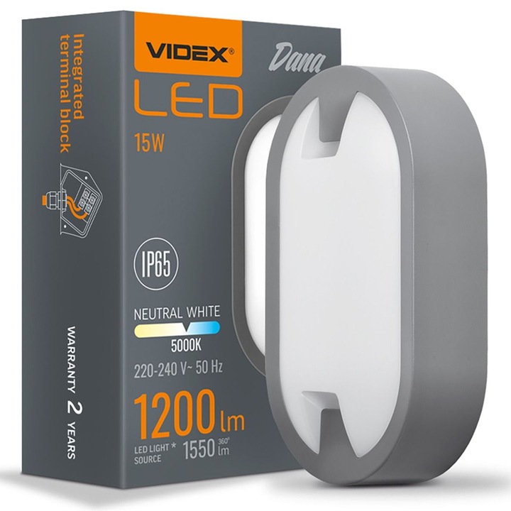 Aplica LED, Videx, Plastic, IP65, 15W, 5000K, Gri