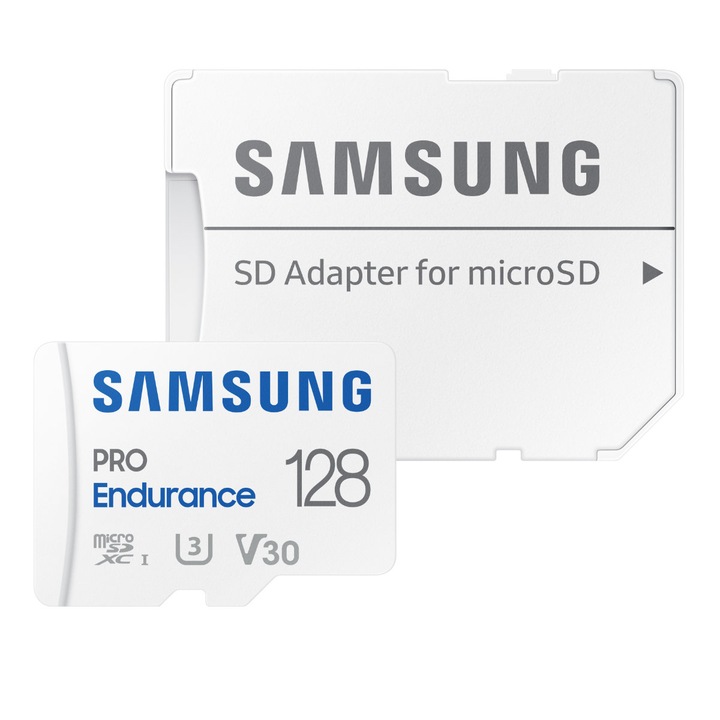 Card microSDXC 128 Gb, Samsung Pro Endurance, U3, V30, 100/40/Mb/s, cu adaptor