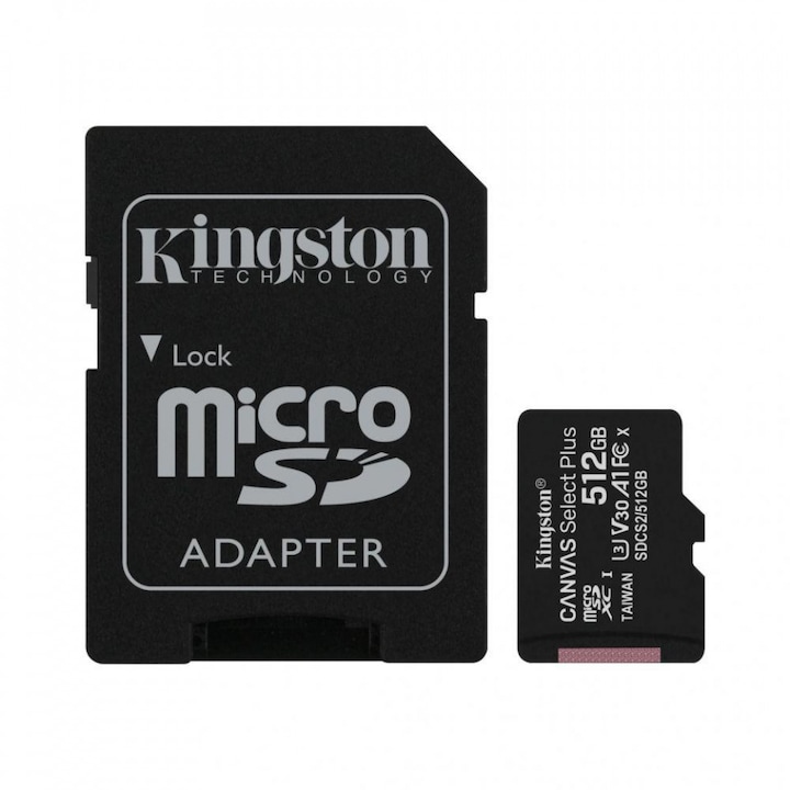 Карта за спомен Kingston Canvas Select Plus, MicroSD, 512GB, Class 10, UHS-I Performance, U1, V10 + адаптер