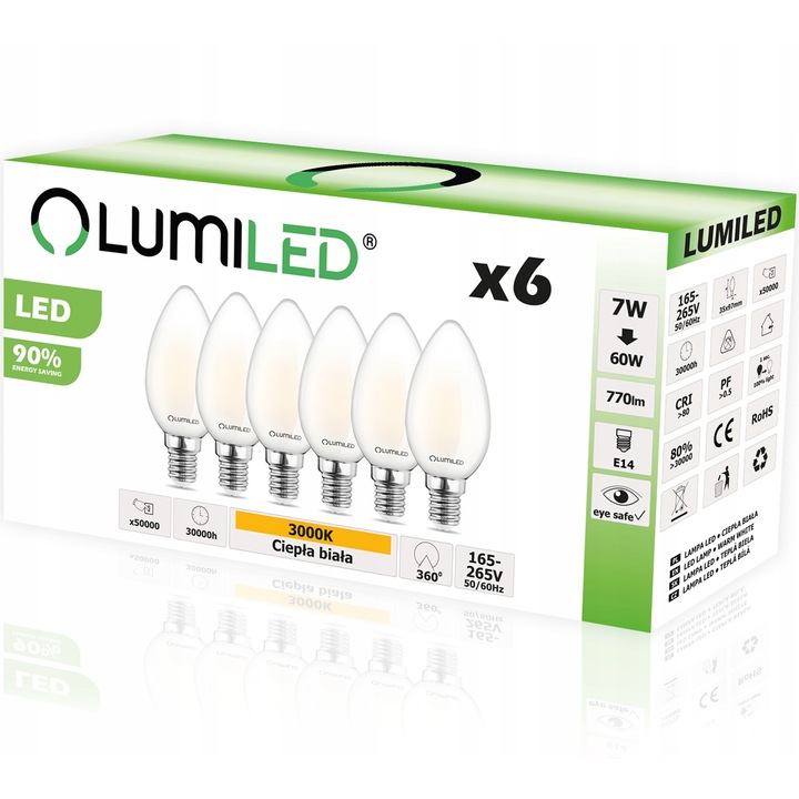 6 db Lumiled izzós készlet, E14, B35, 7W = 60W, 770lm, 3000K, meleg fehér