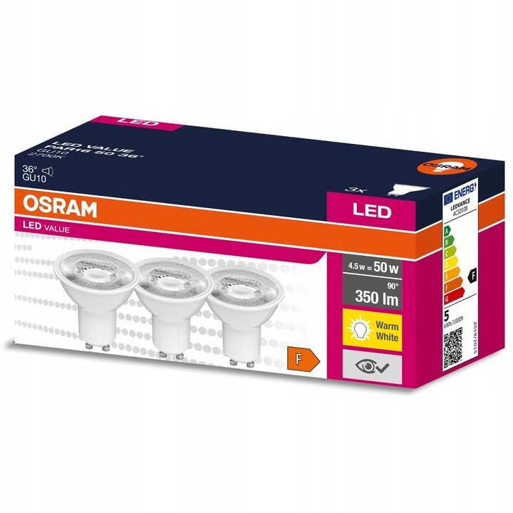 3 db LED izzó készlet, Osram, GU10, PAR16, 4.5W = 50W, 350lm, 2700K, meleg fehér