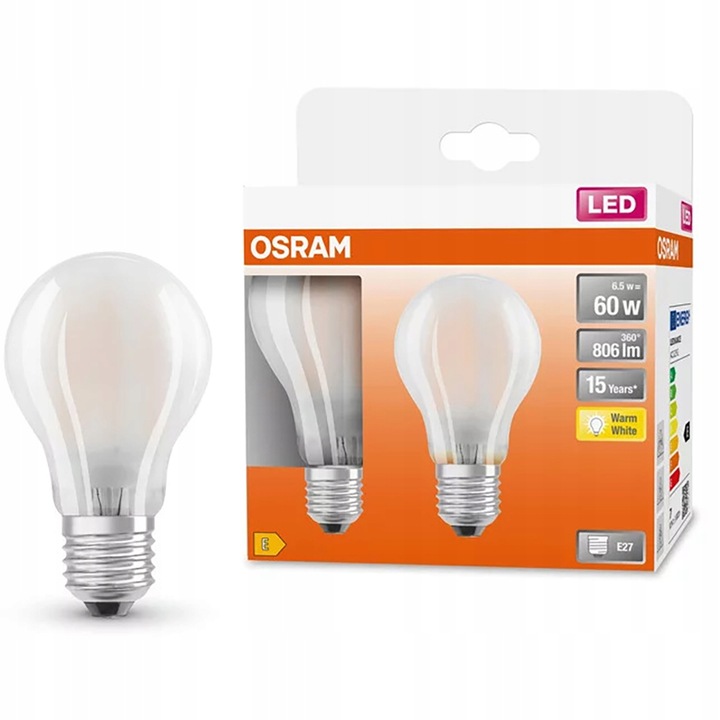 2 db LED izzó készlet, Osram, E27, A60, 6,5W = 60W, 806lm, 2700K, meleg fehér