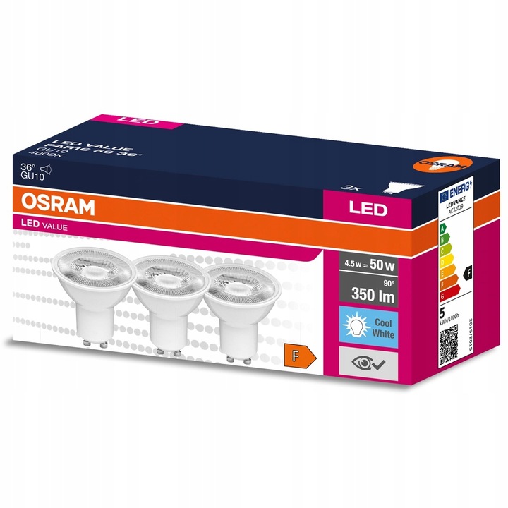3 db LED izzó készlet, Osram, GU10, 4,5W = 50W, 350lm, 4000K, semleges fehér