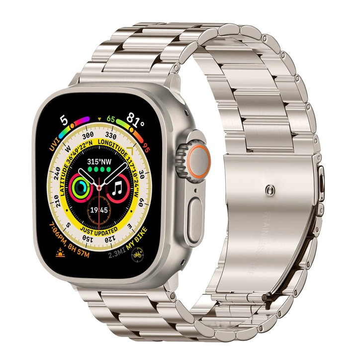 Curea Metalica pentru Apple Watch, MTP, 3 Lynk Metal Loop, Compatibila cu Apple Watch Ultra, Model Slim, Super Usor, Starlight, 49 mm