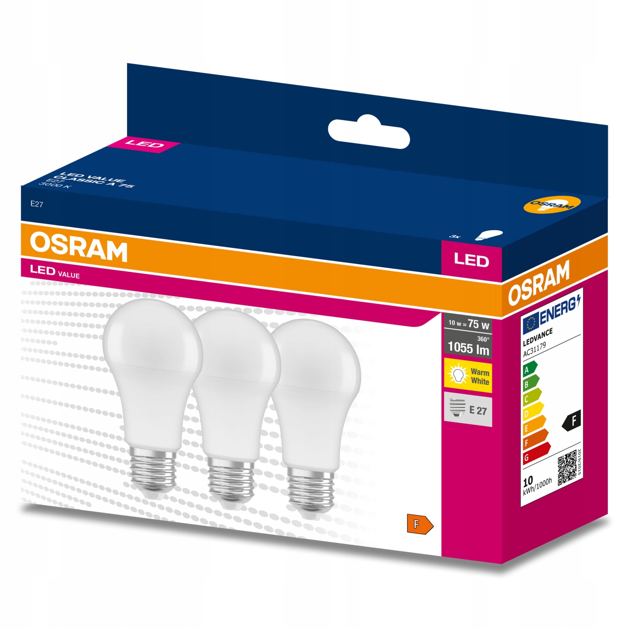 Set 3 becuri LED, Osram, E27, 10W, 3000K, Alb Cald eMAG.ro
