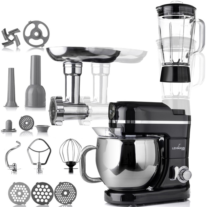 Robot de bucatarie Lehmann Mastic, tocator de carne, blender, 3 in 1, 1300 W, 6 viteze, bol de 5 l, 550x415x215, 7 kg, negru