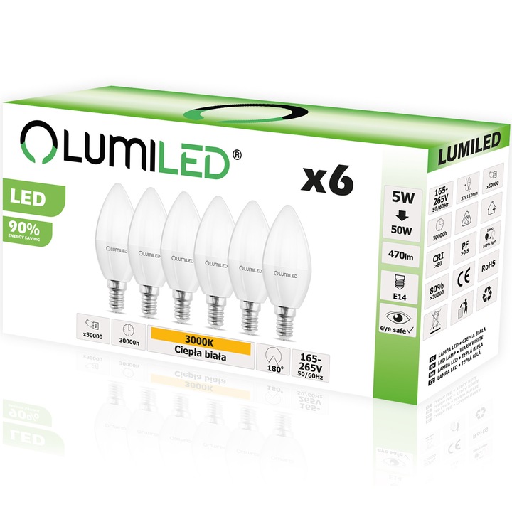 6 db gazdaságos LED-es gyertyaizzó készlet, Lumiled, Alumínium/Műanyag, E14, 5 W, 3000K, 470 lm, 37 x 112 mm, Meleg fehér
