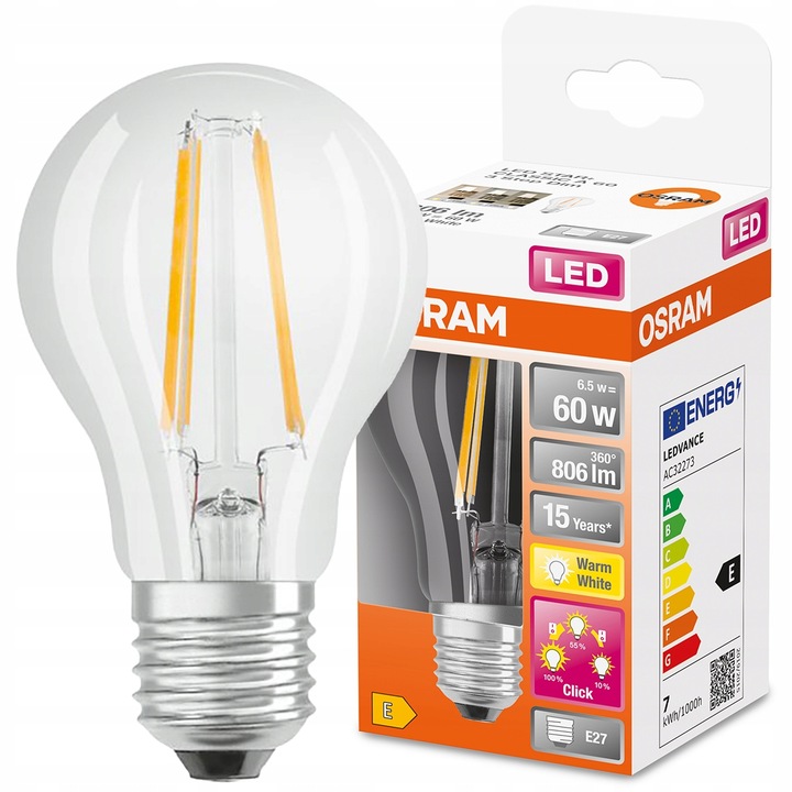 Osram LED izzó, E27, A60, 6,5W = 60W, 806lm, 2700K, meleg fehér