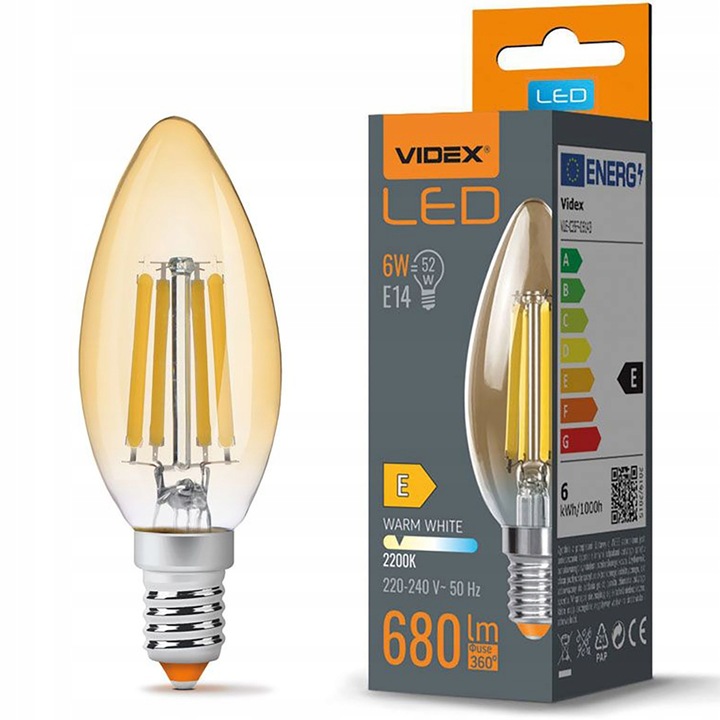 Bec LED, VIDEX, E14, C35, 6W = 52W, 680lm, 2200K, alb cald