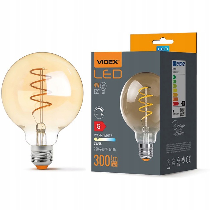 Bec LED, VIDEX, E27, G95, 4W = 28W, 300lm, 2200K, Alb Cald