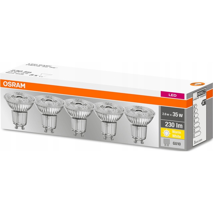 Комплект от 5 LED крушки, Osram, Стъкло, GU10, 2.3 W, 2700K, 36D, 55 x 51 mm, Топло бяло
