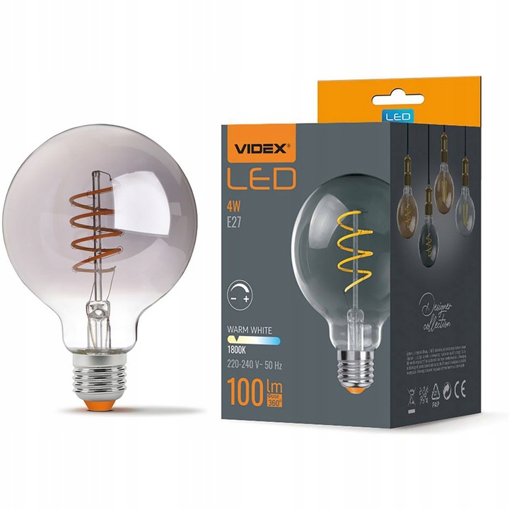 Bec LED, VIDEX, E27, G95, 4W, 100lm, 1800K, Alb cald
