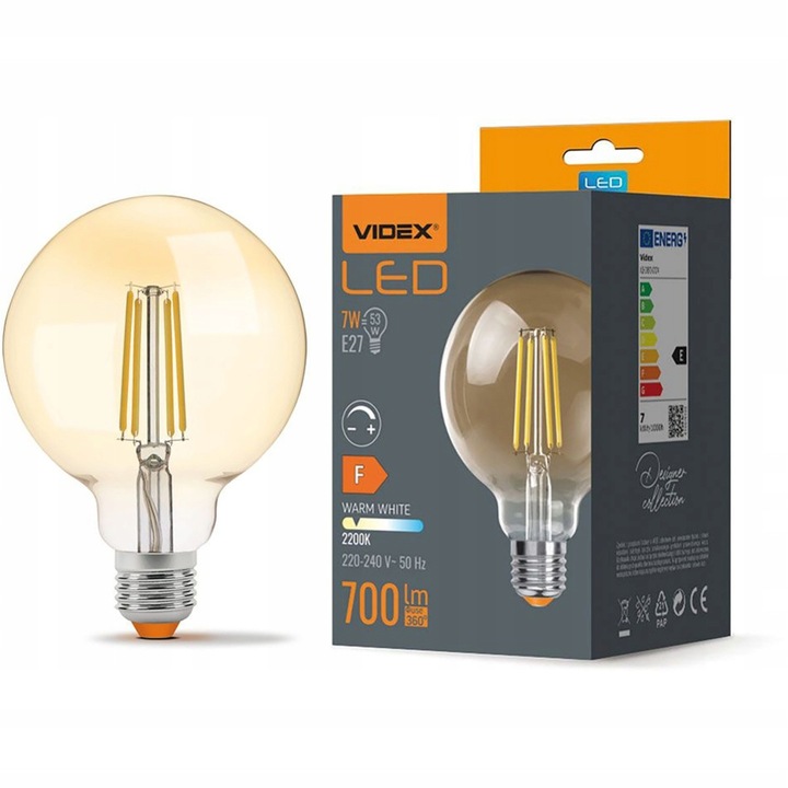 LED izzó, VIDEX, E27, G95, 7W = 53W, 700lm, 2200K, semleges fehér