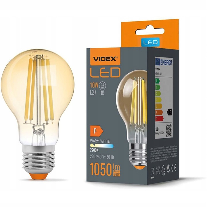 LED izzó, VIDEX, E27, A60, 10W = 74W, 1050lm, 2200K, meleg fehér