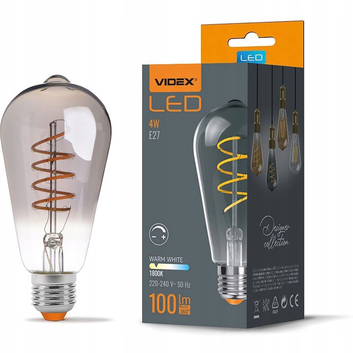 Bec LED, VIDEX, E27, ST64, 4W, 100lm, 1800K, alb cald