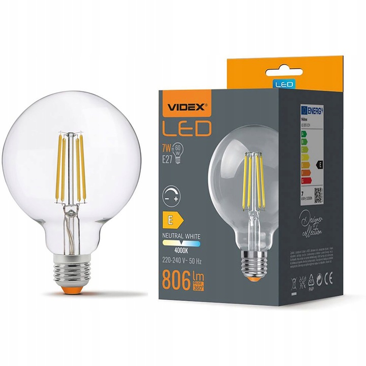 LED izzó, VIDEX, E27, G95, 7W = 60W, 806lm, 4000K, semleges fehér