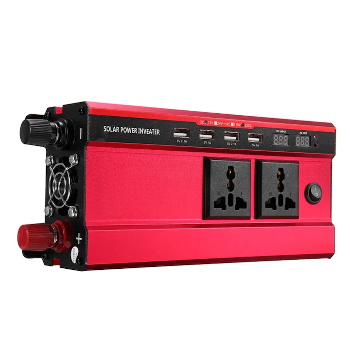 Invertor auto FOXMAG24, 12V, display dublu cu 4 mufe USB, 2 iesiri, 1000W, protectie la supraincarcare, scurtcircuit, supratemperatura, polaritate inversa, rosu