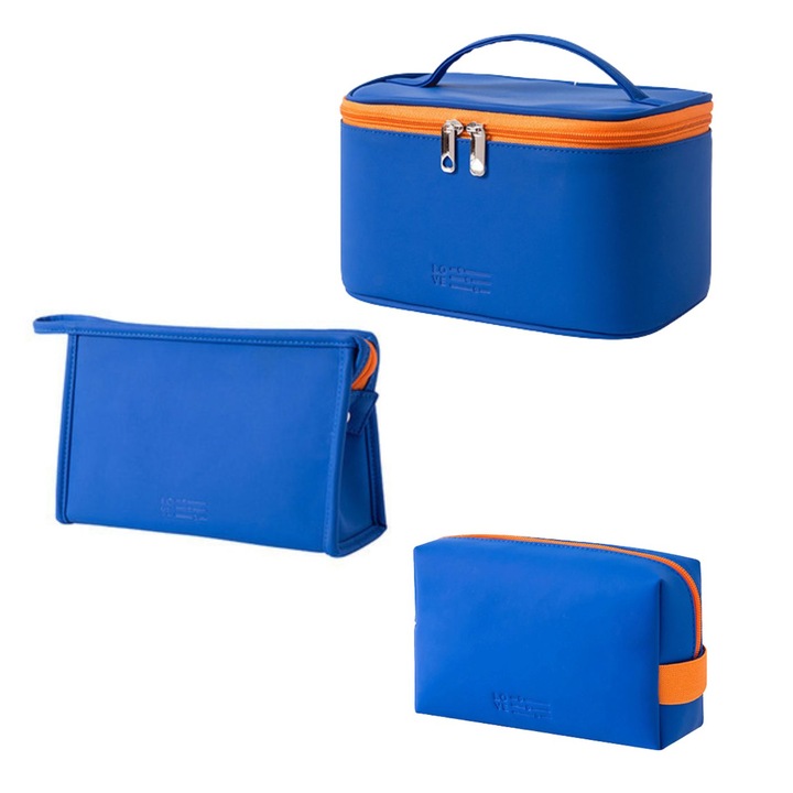 Set 3 x genti organizare cosmetice pentru calatorie sau voiaj, 3 forme diferite, marimi diferite, din PU, material rezistent la apa, usoare, Albastru