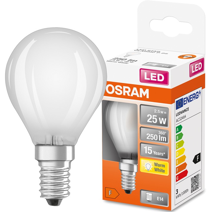 LED крушка Osram, E14, P45, 2.5W = 25W, 250lm, 2700K, топло бяло