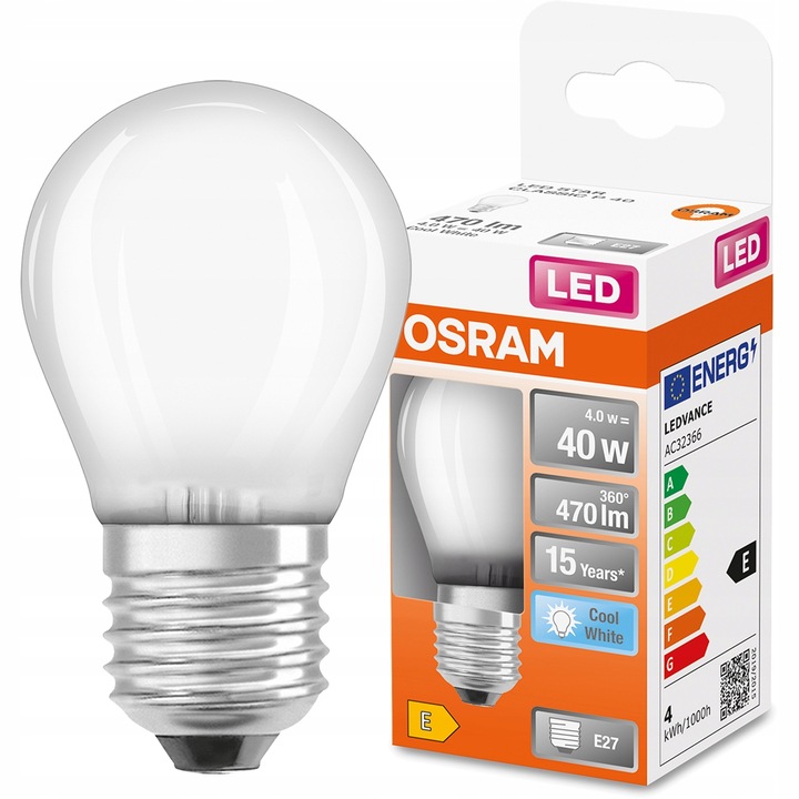 LED крушка, Osram, E27, P45, 4W = 40W, 470lm, 4000K, Неутрално бяло