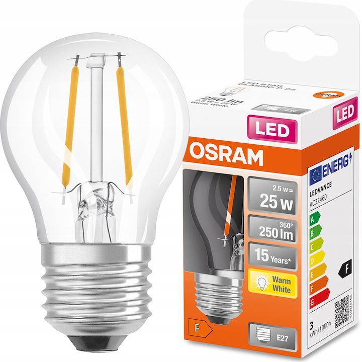 Osram LED izzó, izzószál, E27, P45, 2,5W = 25W, 250lm, 2700K, meleg fehér