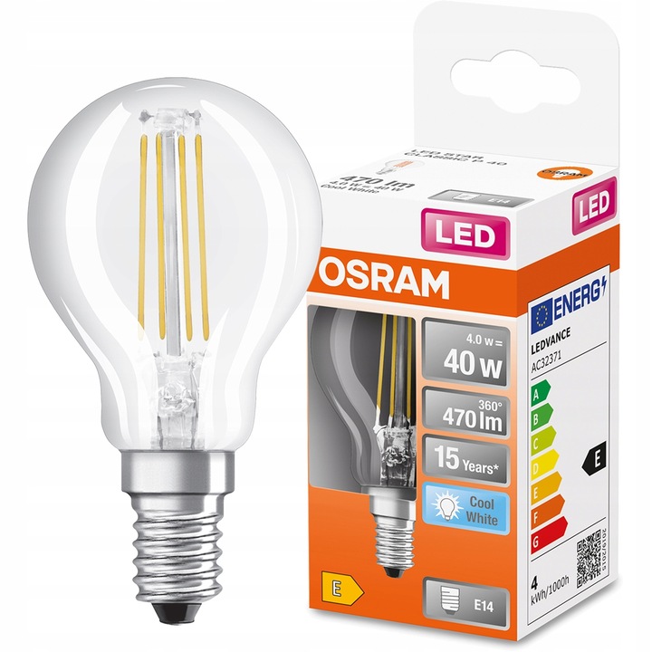 LED крушка Osram, нажежаема жичка, E14, P45, 4W = 40W, 470lm, 4000K, неутрално бяло
