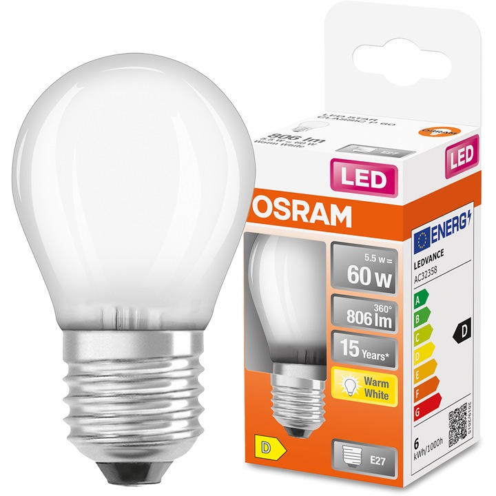 LED крушка SMALL BALL, Osram, E27, P45, 5.5W = 60W, 806lm, 2700K, топло бяло