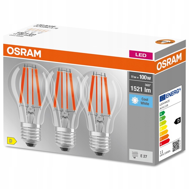 3 db LED izzó készlet, Osram, izzószál, E27, A60, 11W = 100W, 1521lm, 4000K, semleges fehér