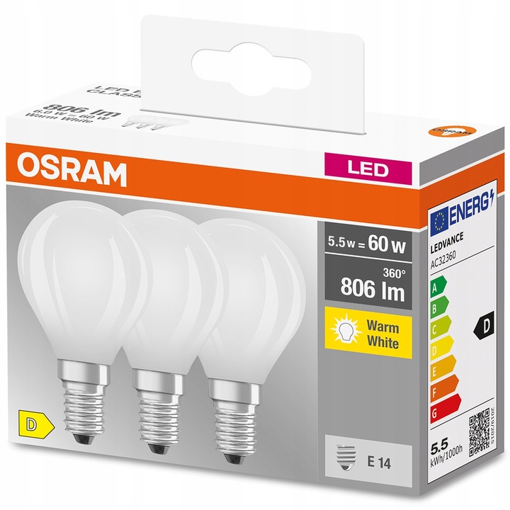 3 db LED izzó készlet, Osram, E14, P45, 5,5W = 60W, 806lm, 2700K, meleg fehér