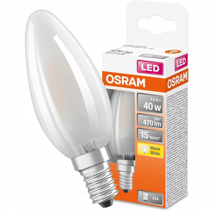 Bec LED, Osram, E14, B35, 4W = 40W, 470lm, 2700K, Alb cald