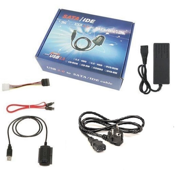 Convertor USB2.0 pentru HDD IDE/SATA + alimentator 2A + cablu alimentare 1.2m de la 230V AC