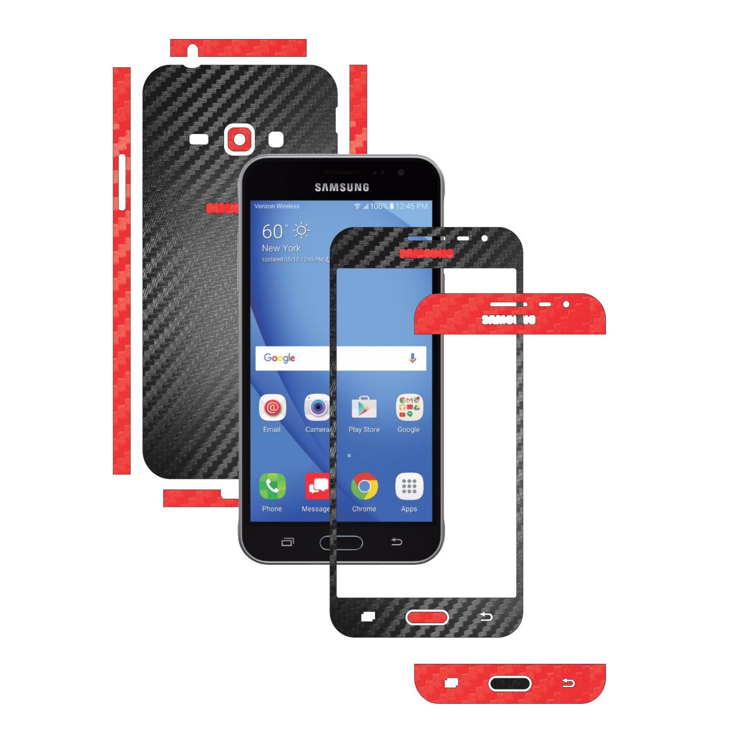 Folie de protectie Full Body Carbon Skinz, Acoperire Totala, Two Tone Negru / Rosu dedicata Samsung Galaxy J3 2016