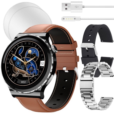 Ceas Smartwatch Corasys®, 3 bratari si 2 folii de protectie, Apeluri/Social Media, rezistent la apa, asistent fitness, monitorizare ritm cardiac, somn, oxigen, ciclu menstrual, redare muzica, meteo