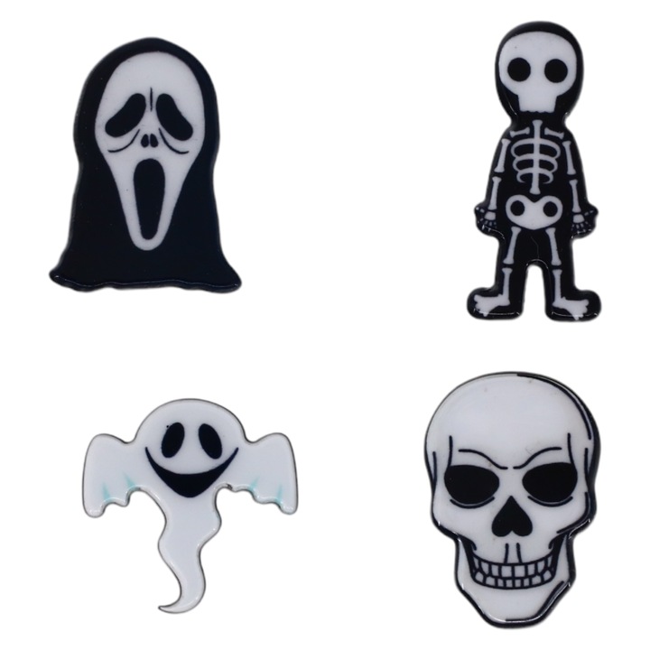 Set 4 insigne amuzante, Masca Scream, Craniu, Fantoma, Schelete, NO908, 3 cm, Multicolor