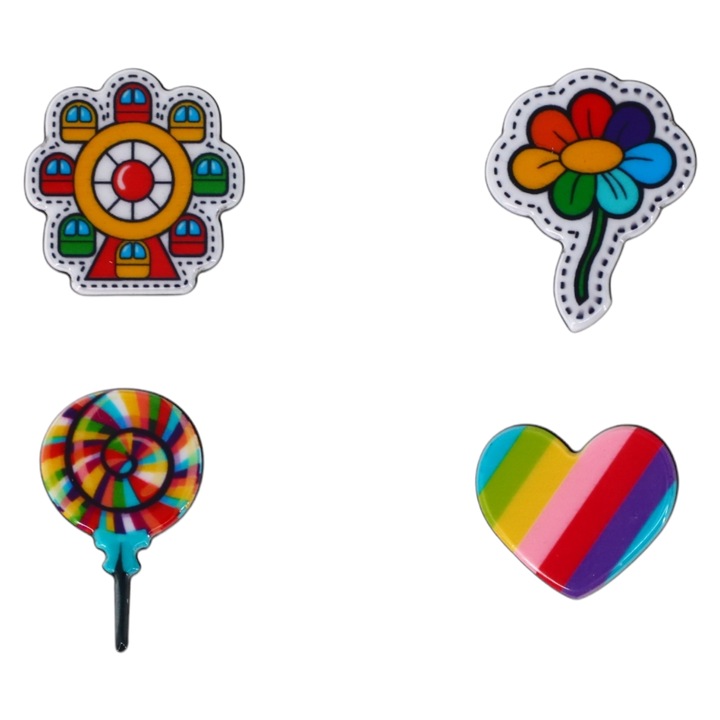 Set 4 insigne amuzante, Inima, Acadea, Floare, NO929, 3 cm, Multicolor