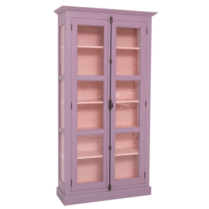 Vitrina sticla, 2 usi cu tija, culoare exterior violet, culoare interior roz deschis, dublu color, 100% lemn masiv