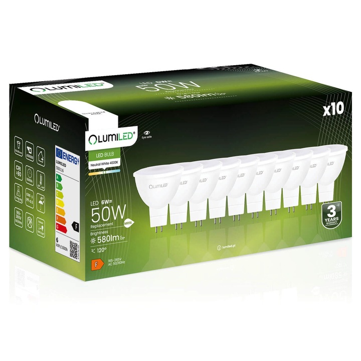 Set 10 becuri, Lumiled, Alb, Aluminiu/Plastic, 6W