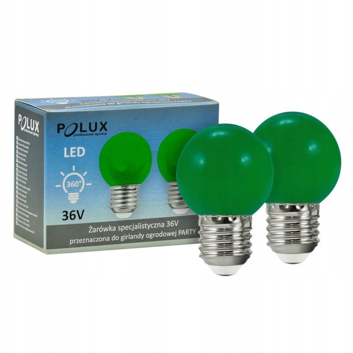 Комплект 2 LED крушки, Polux, E27, G45, 36V, 50lm, 2700K, Зелени