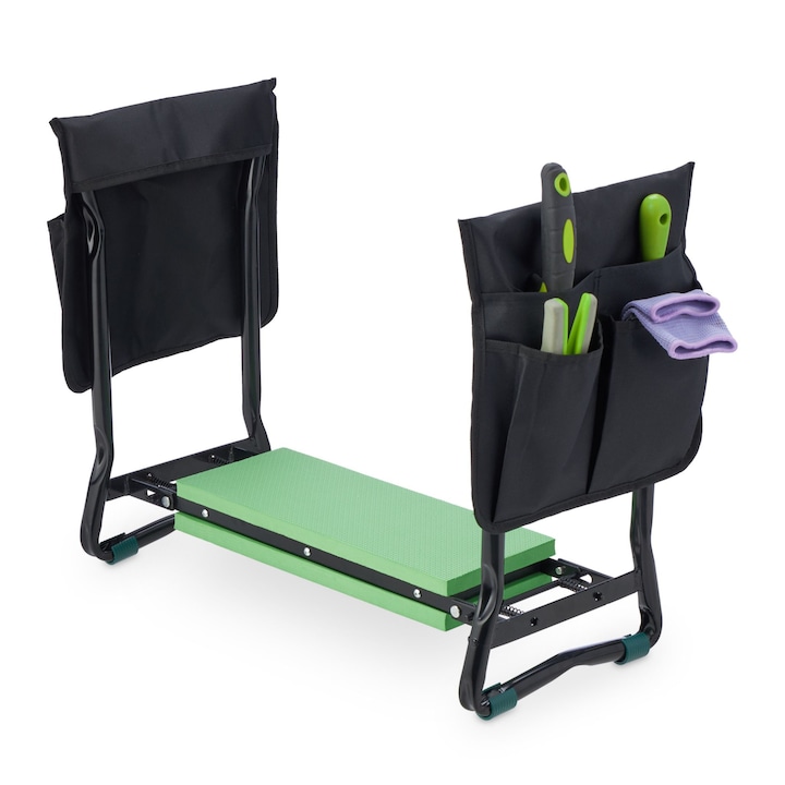 Градински стол с възглавница за коляното, черно-зелен