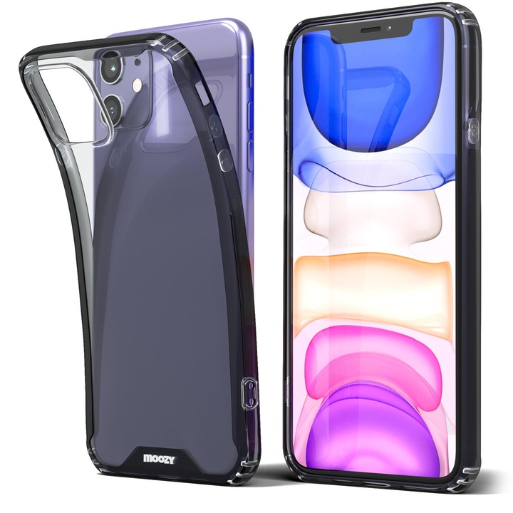Hibrid tok kerettel, Moozy, iPhone 11-hez, Fekete / Átlátszó, Műanyag
