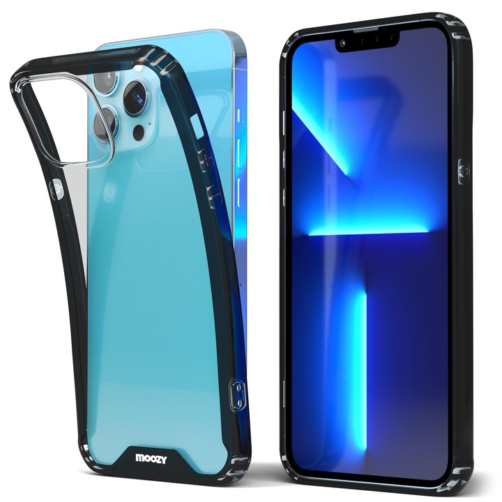 Hibrid tok kerettel, Moozy, iPhone 13 Pro Max-hoz, Fekete / Átlátszó, Műanyag