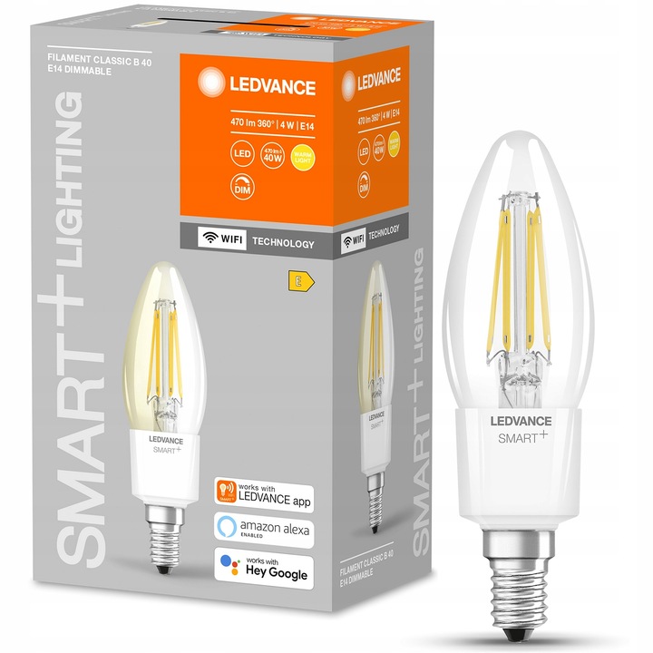 Ledvance LED izzó, izzószál, E14, B35, 4W = 40W, 470ml, 2700K, WIFI, meleg fehér