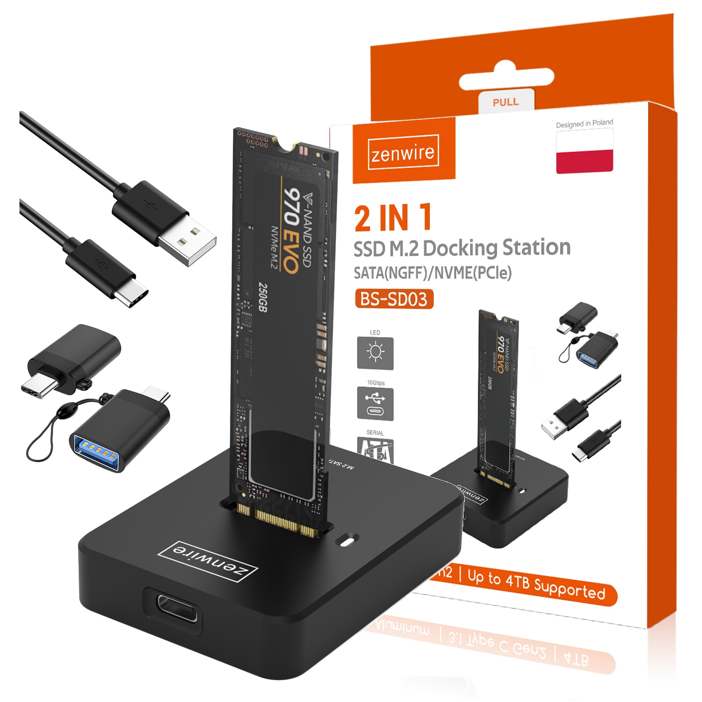 Carcasa SSD 2-in-1 Zenwire®, SD-03, NVMe/SATA M.2, USB-C 3.1 Gen2