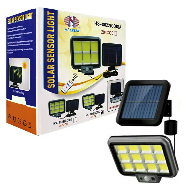 Proiector solar 288LED, 50W, senzor de miscare, HS-8022 telecomanda, 3 moduri de iluminare
