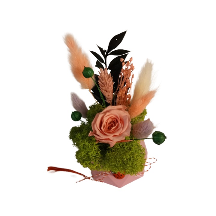 Aranjament floral cu licheni si trandafir criogenat, in vas ceramic, roz