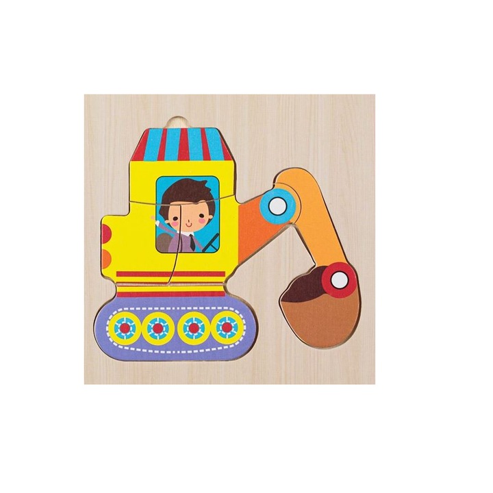 Образователен пъзел за деца, 5 дървени части, Булдозер, 15 х 15 см, JMB-BBL7310